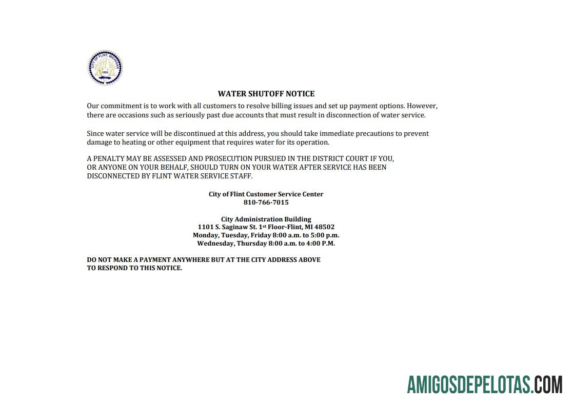 imprimível Aviso de desligamento da conta de serviços públicos de água da cidade de Flint, Michigan, EUA, modelo Word e PDF, versão 3